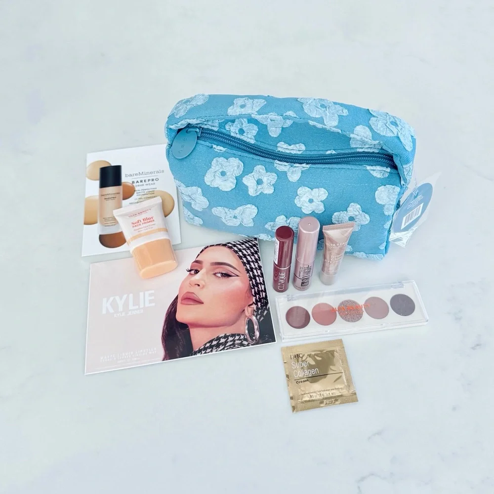 Ulta Beauty Denim Floral Stuffed Cosmetic & Make-Up Bag BUNDLE, Travel Samples